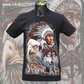Camiseta de algodón con estampado de indios, lobos y águilas.